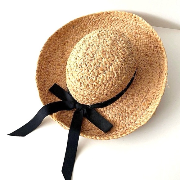 Vintage S.F. Green Raffia Straw Hat with Black Ribbon